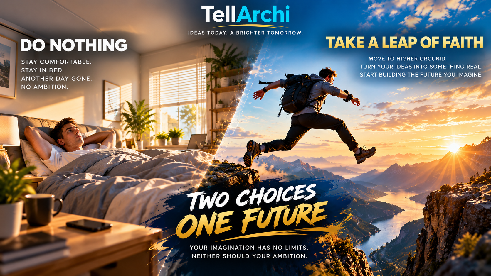Two Choices, One Future. Do Nothing: a young man remains in bed. Take a Leap of Faith: a young man leaps towards higher ground. Your imagination has no limits. Neither should your ambition.